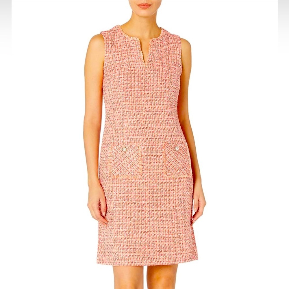 Karl Lagerfeld Paris Split Neck Pink Tweed Shift Dress with Pearl Detail Size 10
